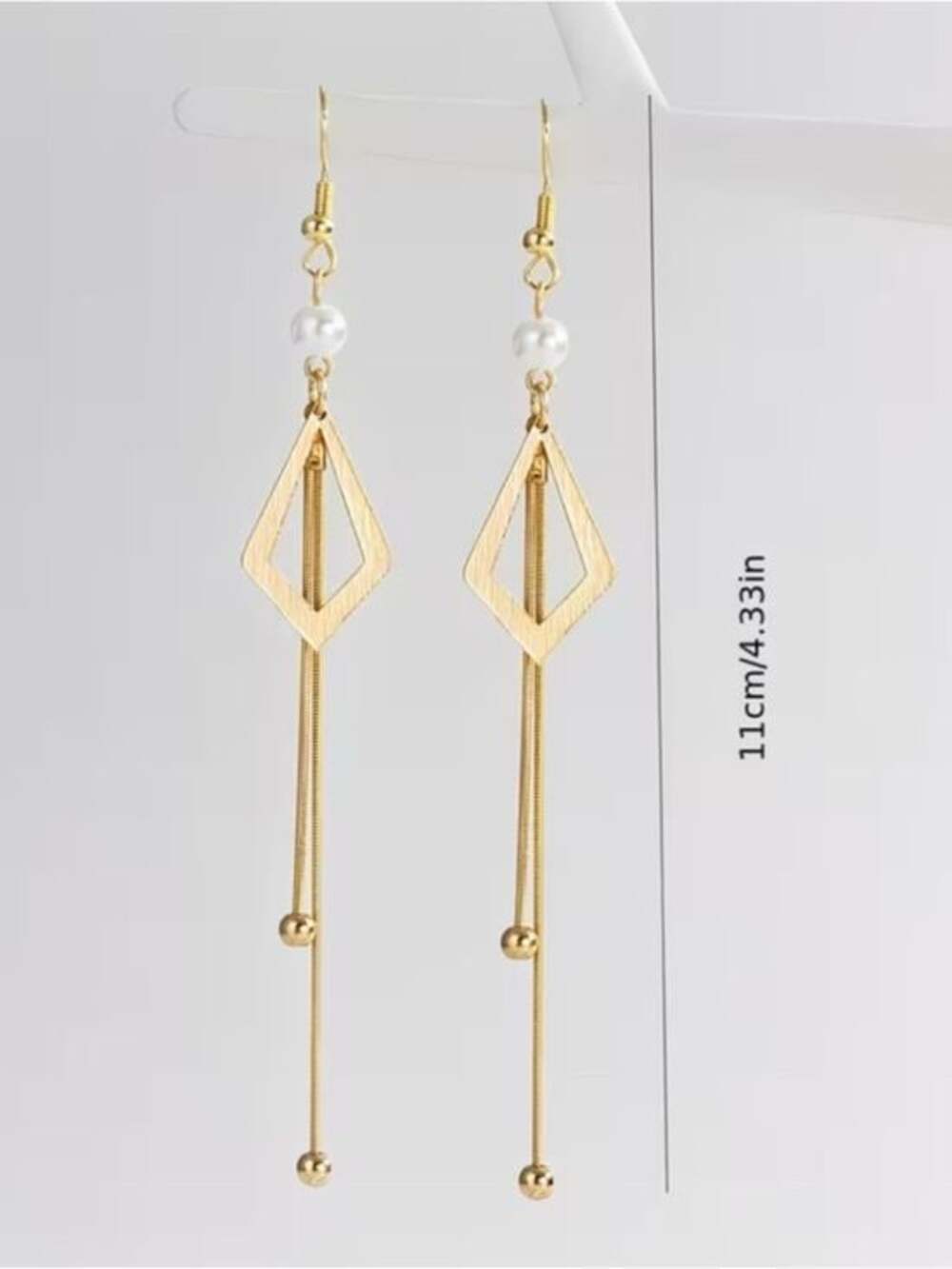 Gold Geometric Drop Earrings with Pearl Accent - Picture 4 of 5